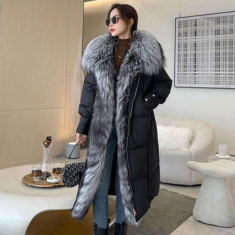Winter Coat Women Goose Down Jacket Long Thick Warm Oversized Fox Fur Collar Fashion Outerwear Streetwear 250811
