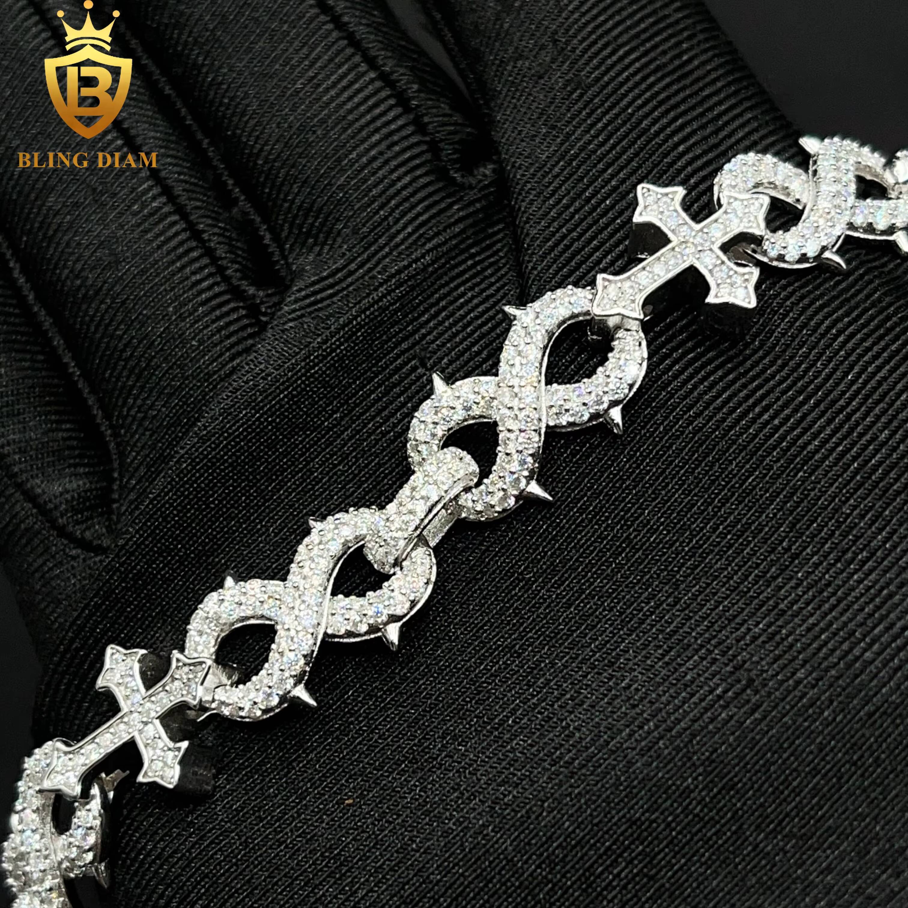 13mm Hip Hop Jewelry Cross Cuban Link Bracelet 925 Sliver Iced Out Moissanite Diamond Rapper Style