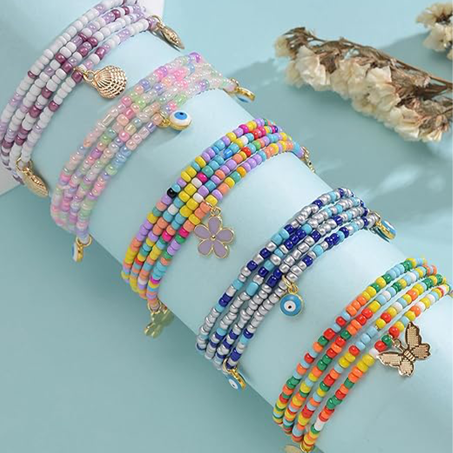8Pcs 31.5 Inches African Waist Bead Chain Elastic Belly Beads Butterfly Shell Eye Layered Body Chain Colorful Jewelry