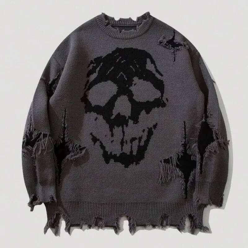 Y2k Round Neck Long Sleeved Knitted Sweater Vintage Streetwear Dark Cry Skull Jacquard Pattern Top Sweatshirt Winter Outfit Ootd