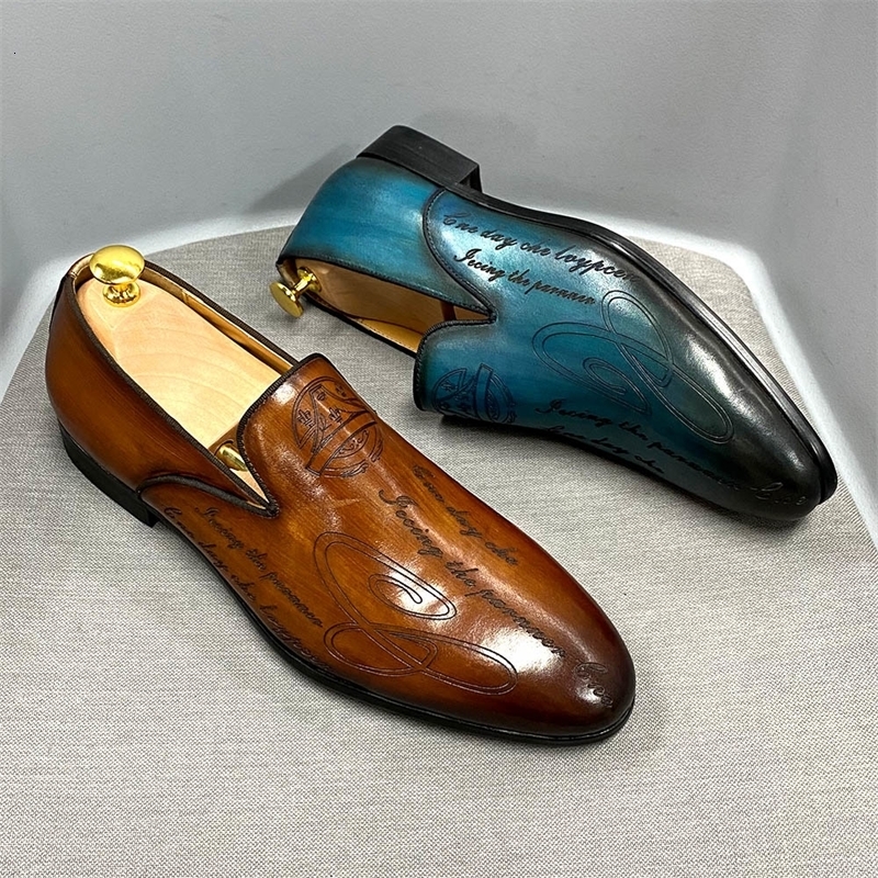 Italian Style Men Loafers Shoes Handmade Letter Print High Quality Genuine Leather Dress for Business Formal w250801