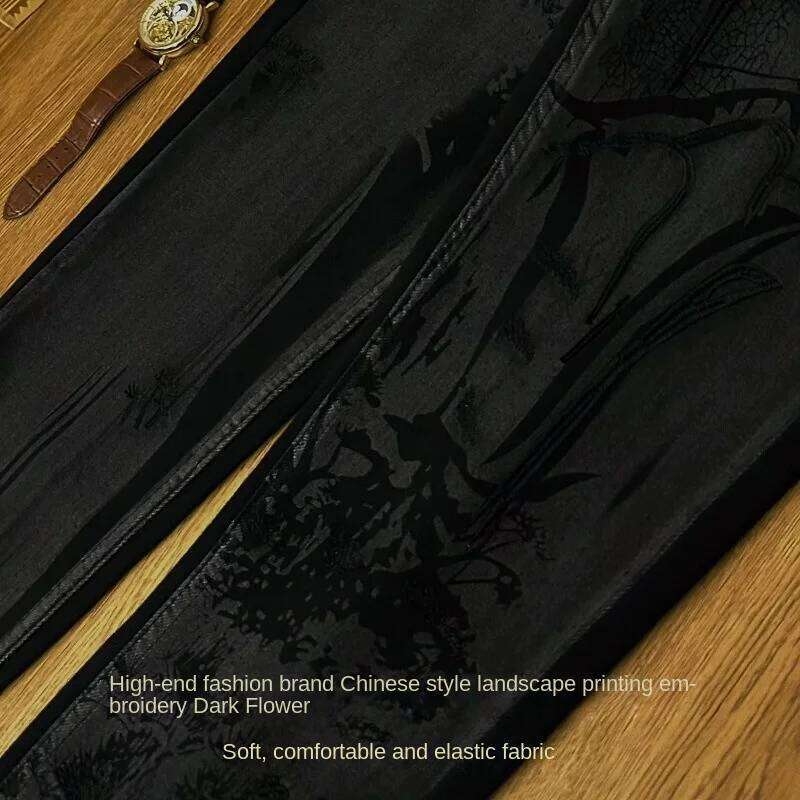 2024 Light High-End Black Denim Trousers Men's Fashion Design Landscape Painting Printing Stretch Slim Fit Skinny Pants