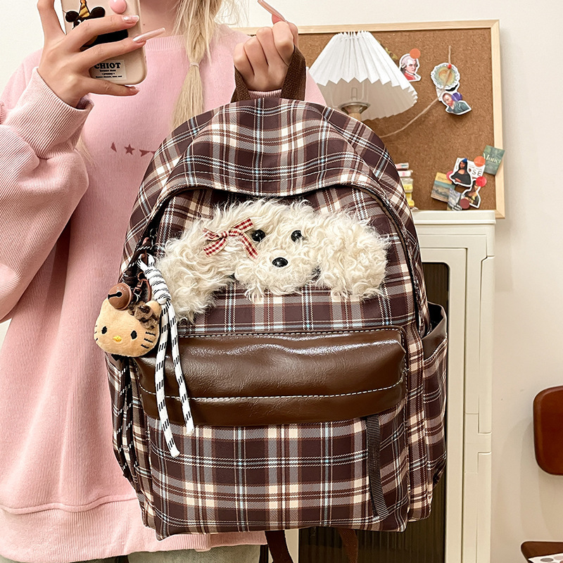 Autumn New Neutral Style Backpack Couple Bag New Checkered Backpack Cute Puppy Retro Style Casual Backpack Autumn New Designer Bag