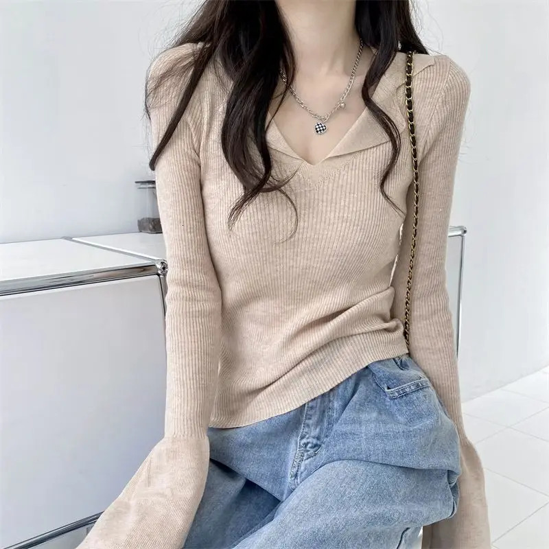 Black Casual Women Polo Neck Tee Shirt T Shirts Woman Top Korean Fashion Clothing Long Sleeve Clothes High Quality Streetwear 250814