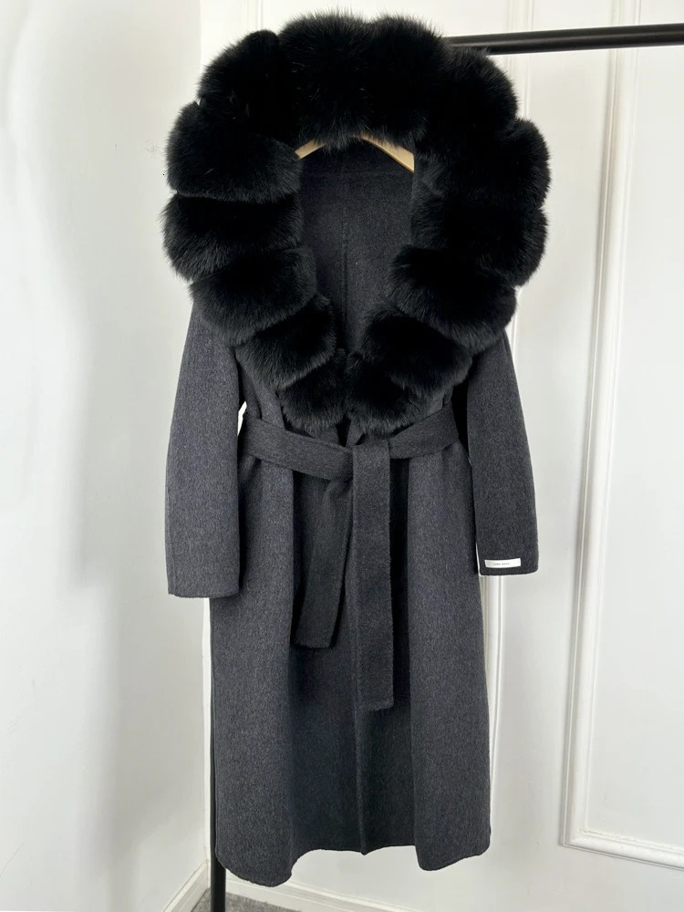 Janveny Large Fox Fur Hooded Long Oversize Ladies Woolen Blends Coat Autumen Winter Jacket Women Cashmere Wool Coats 250811