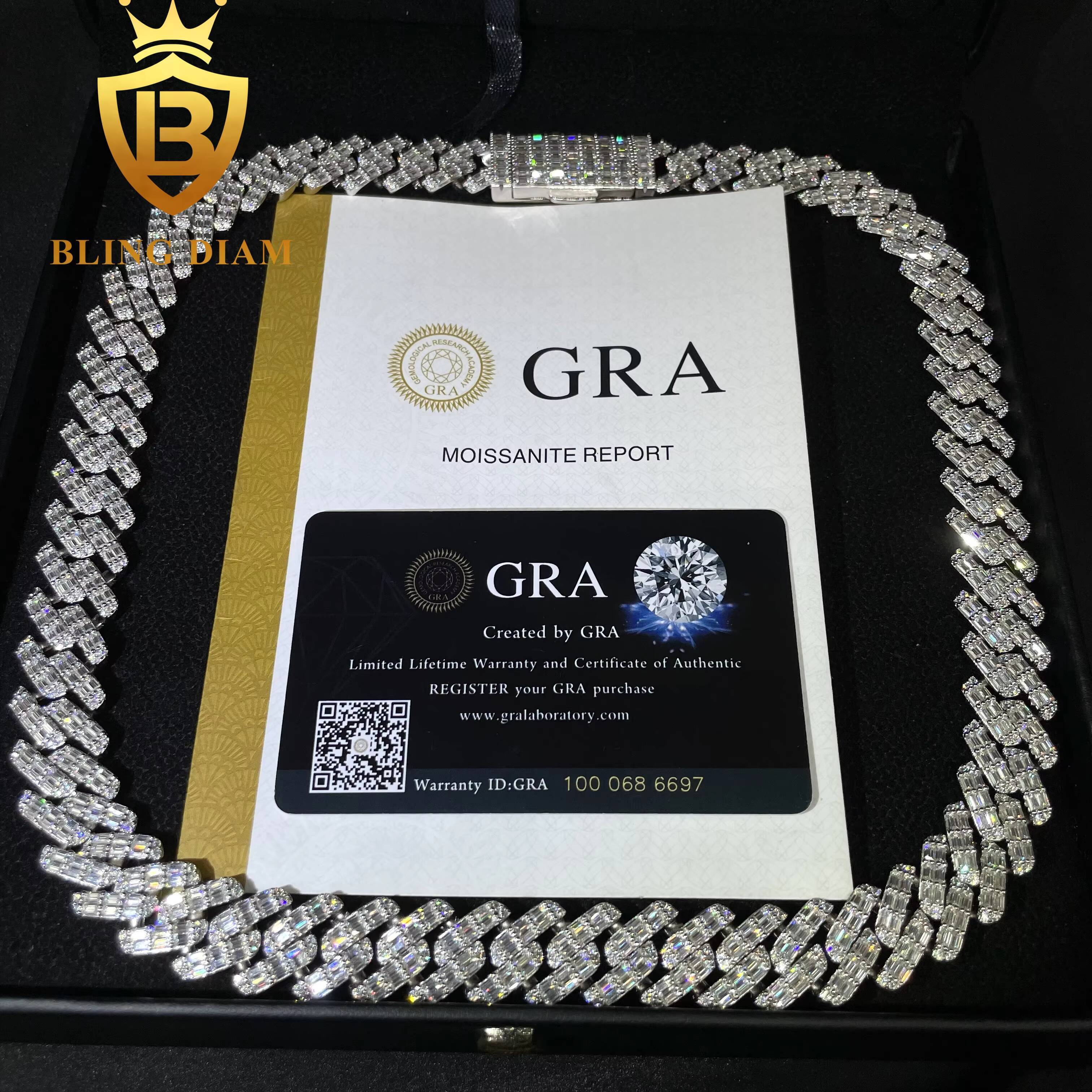 Pass Diamond Tester 15mm 2 Rows Solid 925 Sterling Silver Men Hip Hop Jewelry Iced Out VVS Moissanite Cuban Link Chain Necklace