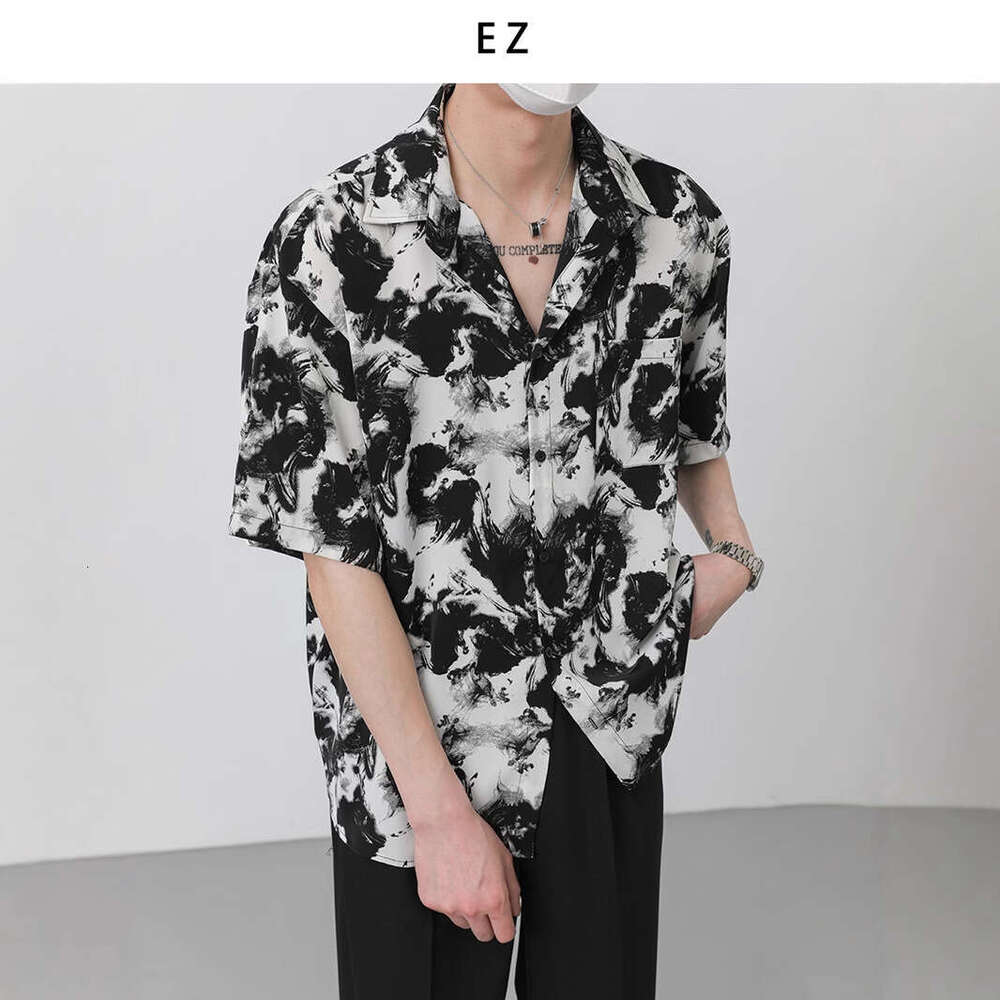 Summer Top Korean Loose High-End Drape Short Sleeve Men's Trendy Cool Ink Wash Non-Iron Shirt Trend B5