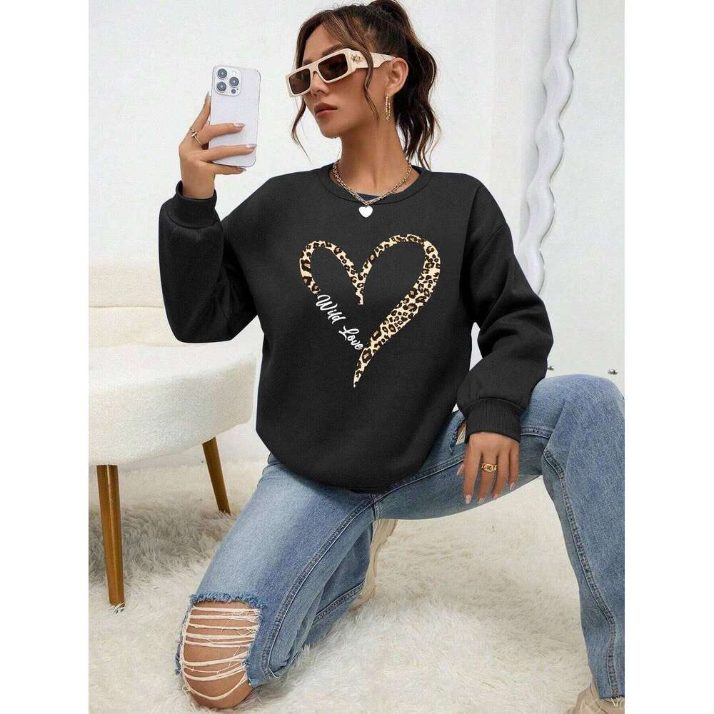 Leopard Wild Heart Pattern Print Female Sweatshirt Street Fur-Liner Pullovers Hipster Clothing All-Match Crewneck Tracksuit