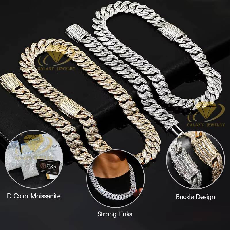 Hip Hop Iced Out 20mm Certified Chains Colorless Moissanite Diamond Bracelet Baguette Cross Infinity Cuban Link Chain Necklace