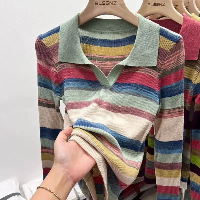 Polo Neck Shirts for Women Pink Clothing Knit Striped Long Sleeve Spring Tshirt Woman Cotton Cute y Aesthetic Trend V Tops 250814