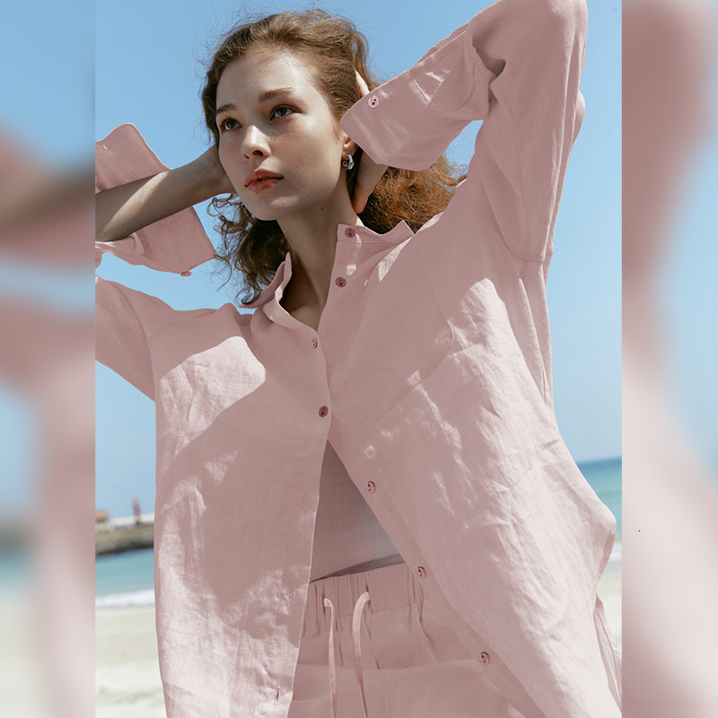 Cotton Long Sleeve Sun Protection Loose Fit Casual Top for Women Summer Tencel Linen Shirt