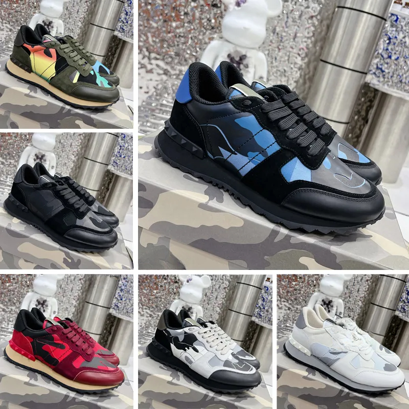 Designer shoes Camouflage Men Casual Sneakers Rockrunner Top Quality Leather Platform Rivet Trainers rubber sole military triple black white sports Running Shoes