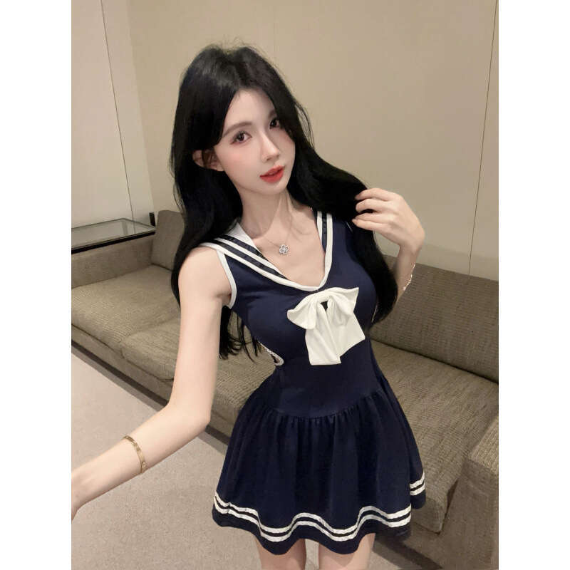 Sexy College - Style Pleated Dress Hollow Out Back Bow Accent Sailor Collar Y2K Aesthetic for Daily Date Nightsv