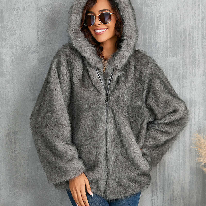 Women's Clothing Solid Color Loose Hooded Short Fur Collar Coat Warm Winter Wear 20250815