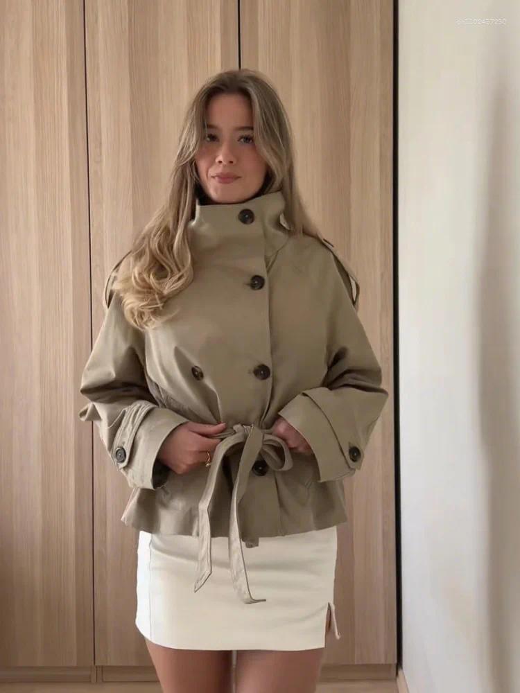 Women's Jackets Chic Stand Collar Double-breasted Belted Waist Cropped Trench Coat Shoulder Epaulets 2025 Autumn Casual Street Outerwear