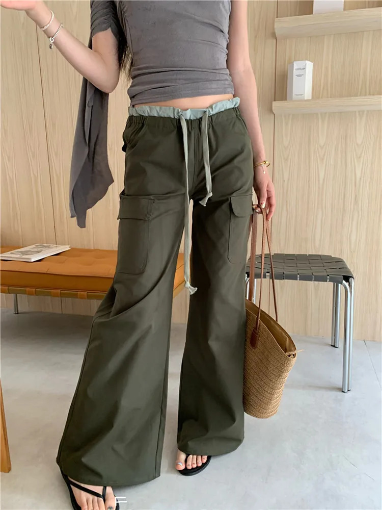 American Retro Casual Low Rise Drawstring Cargo Pants Y2K Streetwear Solid Pocket Straight Trousers Female 250808