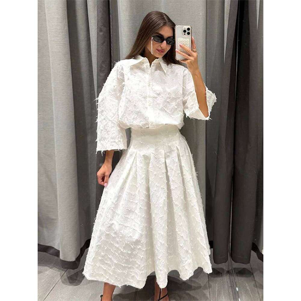 Elegant Fringes Shirt Skirt Set Women Half Sleeve Lapel Single Breasted Shirts A-line Long Skirts Suit Summer Lady Sets