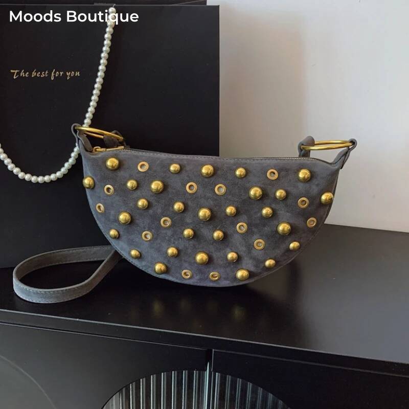 MOODS Branded Half-Moon Shoulder For Women Faux Suede Rivets Decor Crossbody Hobo Bags 2025 Latest Designer Handbags