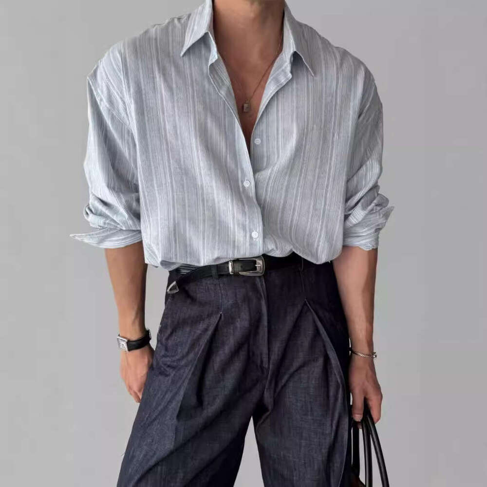 Linen Striped Long Sleeve For Men, Spring Summer Korean Style, Light And Mature Casual, Wrinkle-Free, Blue Lightweight Sun Protection Shirt B5