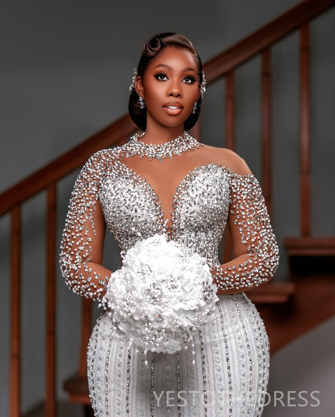 2025 Plus Size Luxurious Off White African Wedding Dress Bridal Gowns For Bride High Neck Tiered Tulle Beaded Lace Rhinestones Wedding Gowns For Black