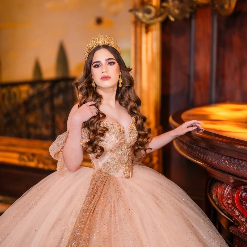 Champagne Shiny Princess Sweet 16 Drress Quinceanera Dresses Beading Crystal Sequin Party Birthday Vestido De 15 Anos Ball Gown