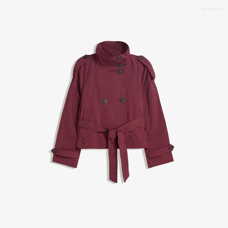 Women's Jackets Chic Stand Collar Double-breasted Belted Waist Cropped Trench Coat Shoulder Epaulets 2025 Autumn Casual Street Outerwear
