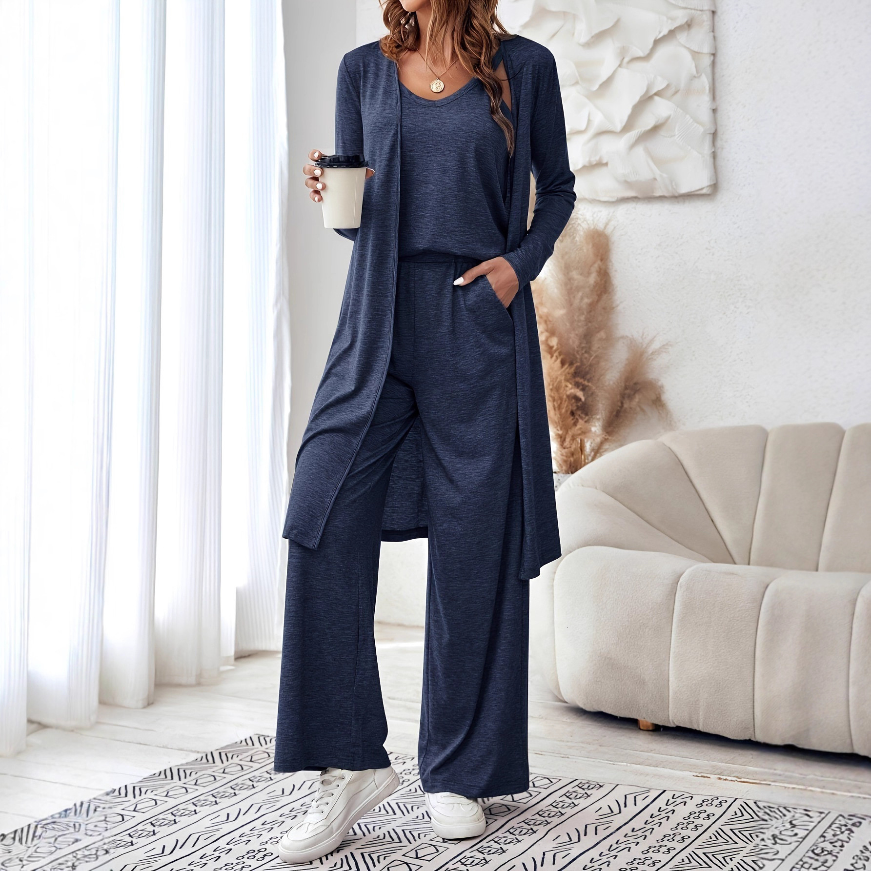 Women's Spring Casual Solid Color Camisole Top Cardigan Long Pants Three-Piece Set for Women