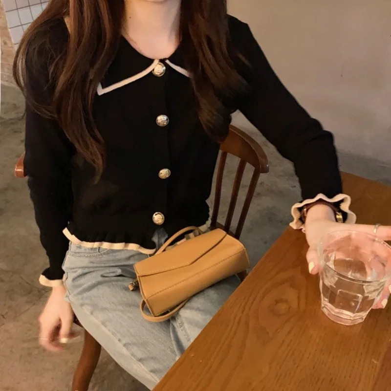 Korean Womens Long Sleeve Knitted Shirt Tops Autumn Polo Collar Crop Women 250814