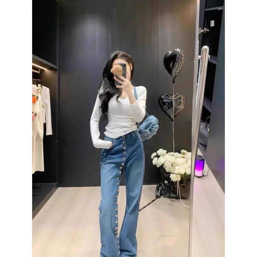 New Fashion Retro Design Multi Button Jeans For Women Slim High Waisted Straight Wide Leg Pants