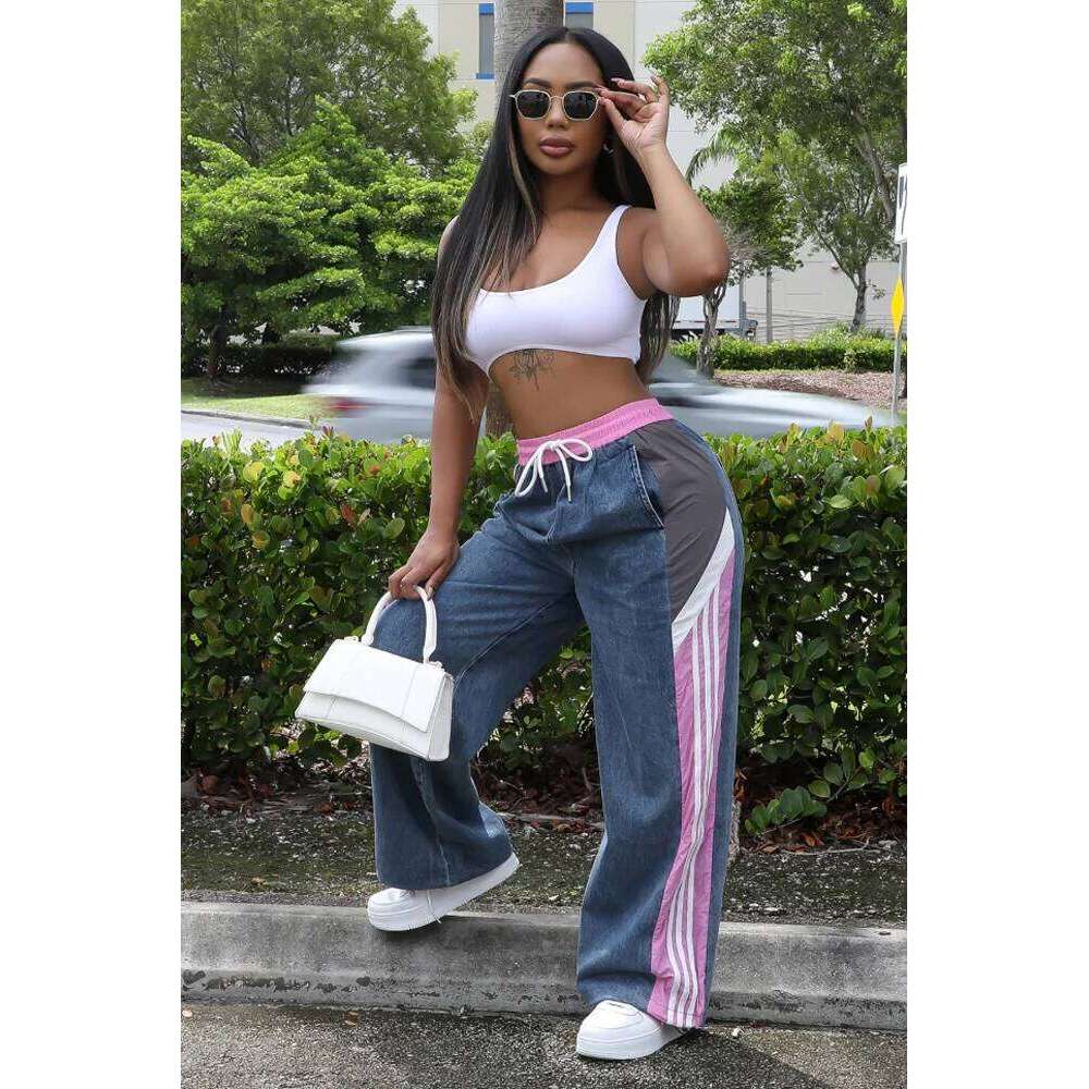Latest Design Women Jogger Patchwork Jean Wide Leg Pants Fall 2024 Y2k Street Style Women's Drawstring Denim Side Stripe Joggers