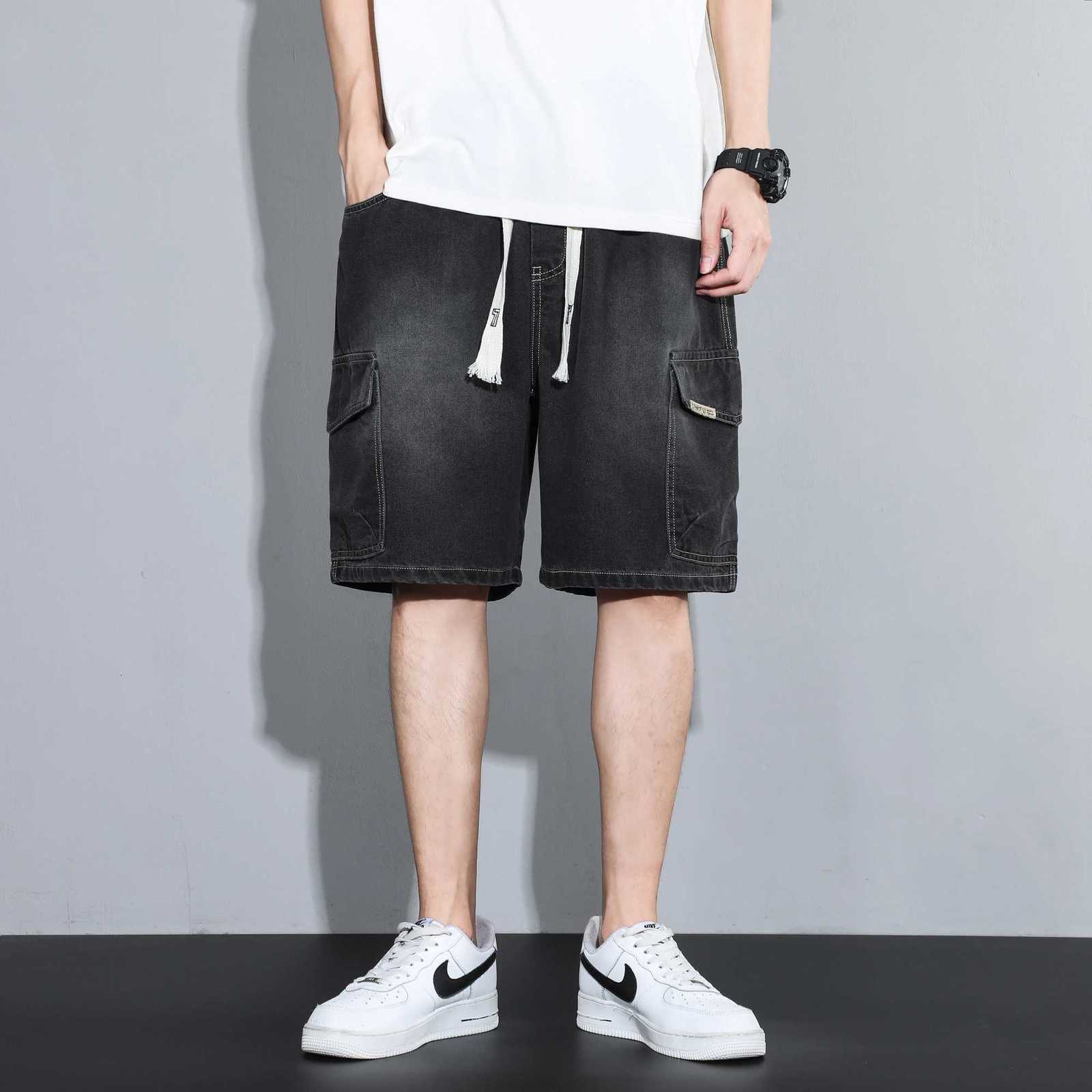 Big Tall Mens Vintage Denim Shorts Elastic Waistband Loose Fit Workwear Summer Cargo Shorts Retro Blue/Black Durable Y250814