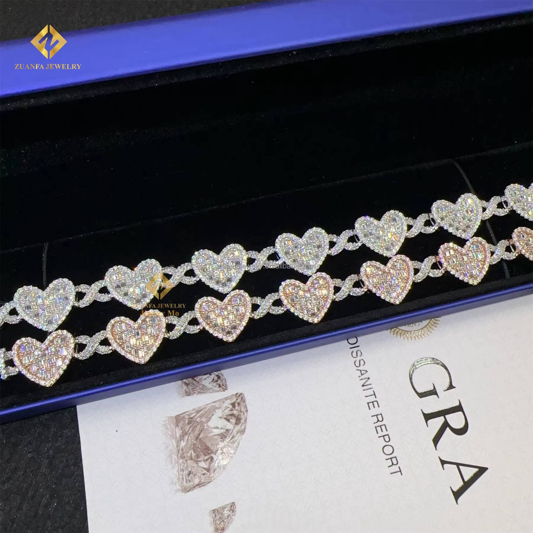 Best Selling Shining Fire Jewelry Rapper 925 Sterling Silver 14mm Man Hip Hop Iced Out Moissanite Diamond Heart Cuban Bracelet