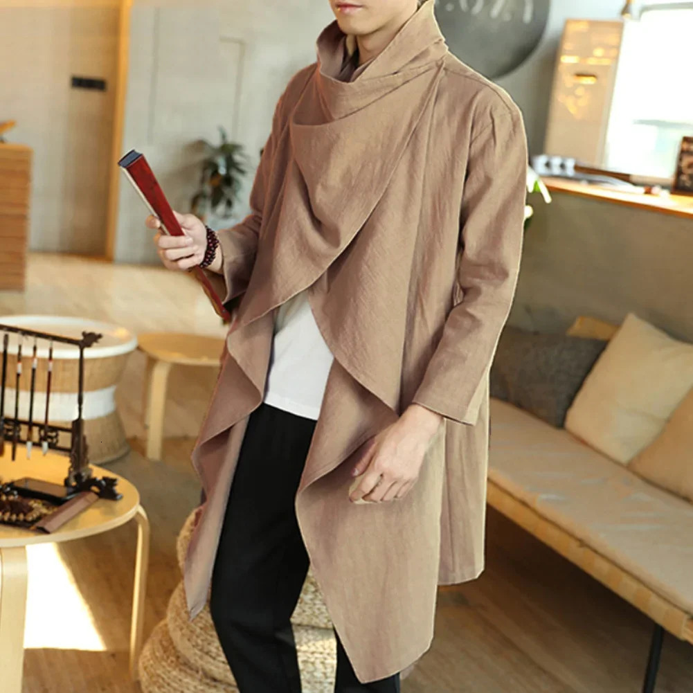 Men Coats Long Sleeve Scarf Collar Trench Ponchos Cotton Outwear Solid Cloak Vintage Irregular Jackets Streetwear 250814