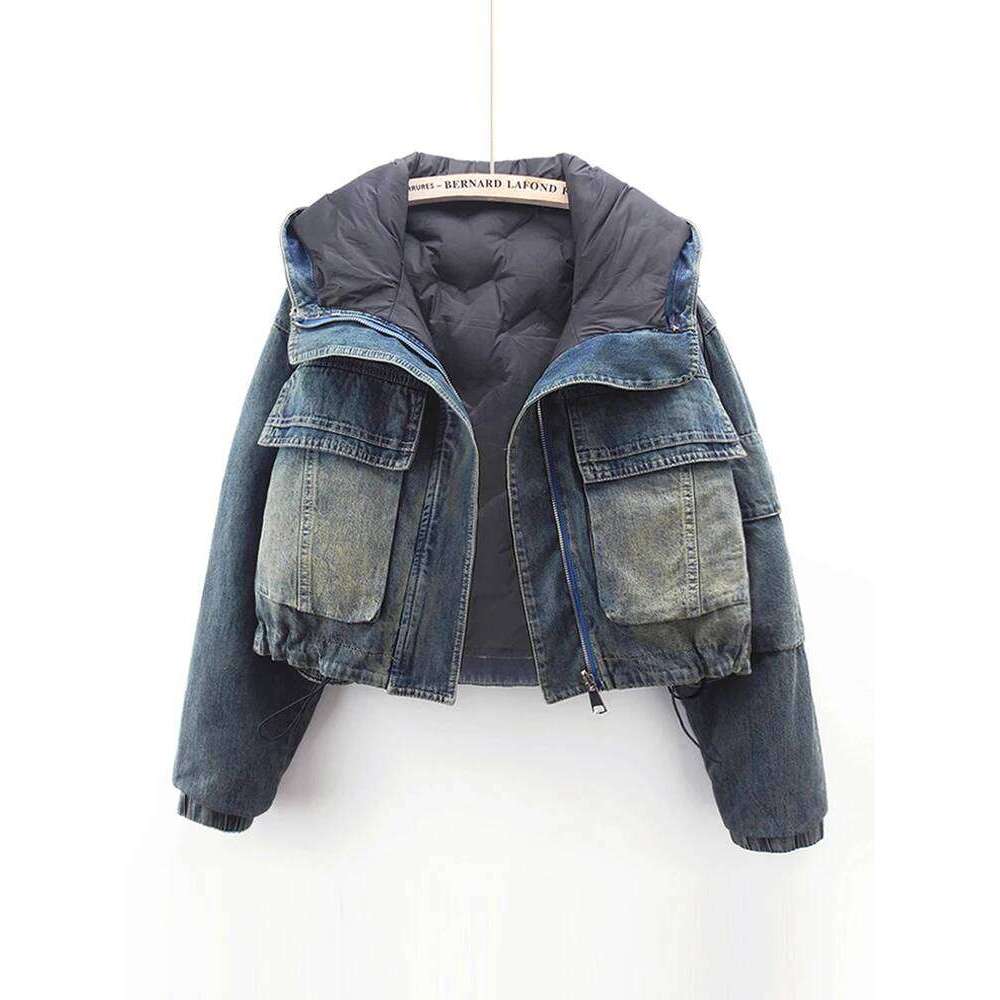 Korean Version Denim Jacket With Double-sided Patchwork Hooded Short Cotton Coat For Women Winter New Fashion Design Trendy