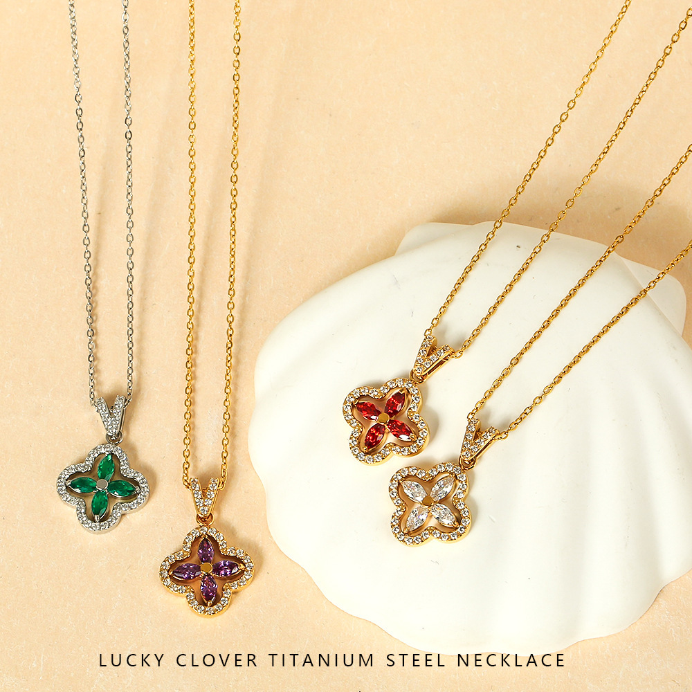 Colorful Four-Leaf Clover Inlaid Zircon Necklace Stainless Steel Simple High-End Feel Women's Non-Fading Accessory Jewelry for Women