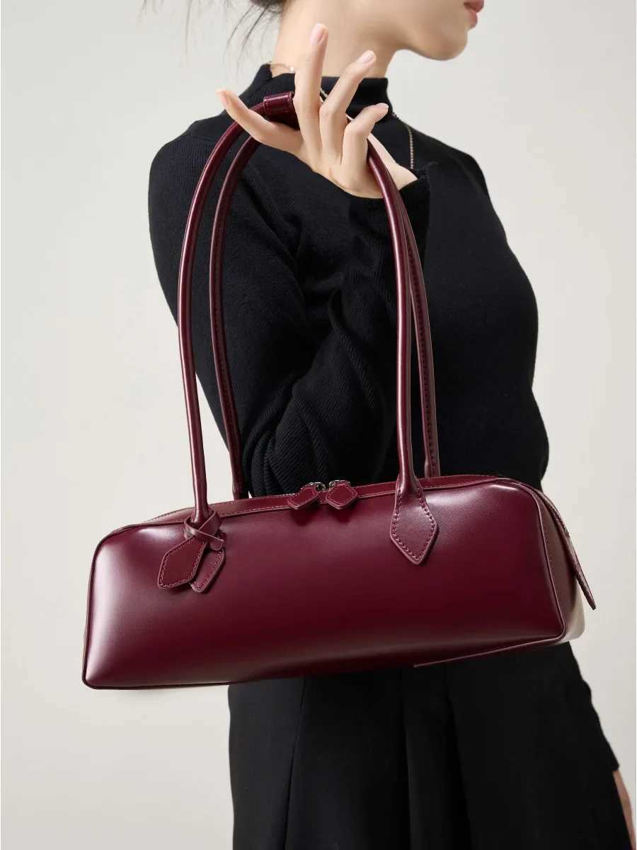 2025 New Genuine Leather Womens Shoulder Bag Large Capacity Cowhide Handbag Long Strip Wine Red Baguette Bag Female Z250815