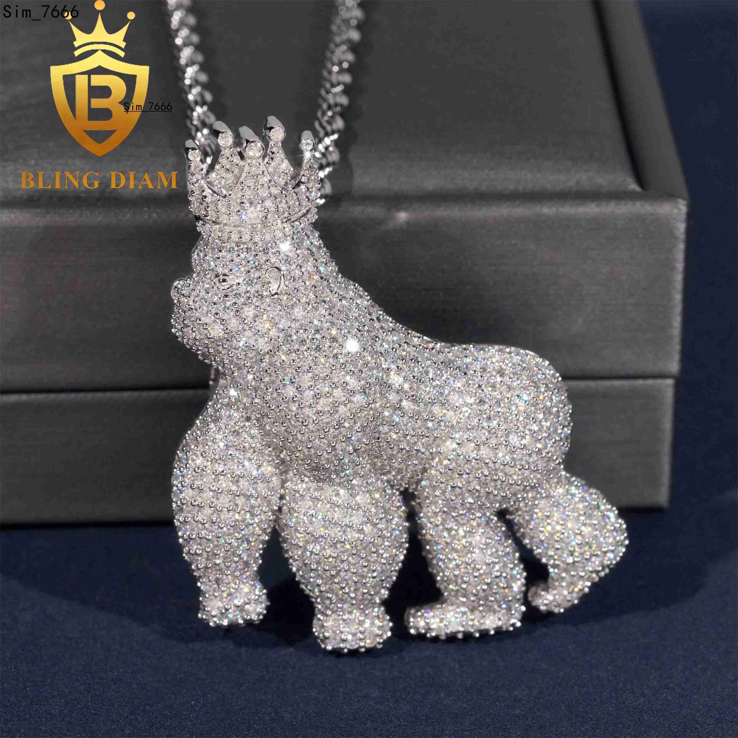 Hip Hop 925 Sterling Silver Vvs Moissanite Animal Gorilla Crown Charms Diamond Iced Out 3D Pendant Necklace