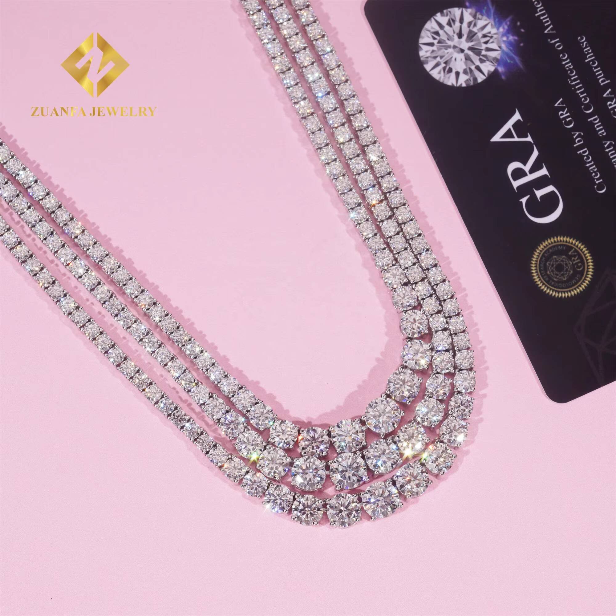 New Design Elegant Women Jewelry 3mm 925 Sterling Silver White Gold Plated VVS1 Moissanite Diamond Cluster Tennis Chain