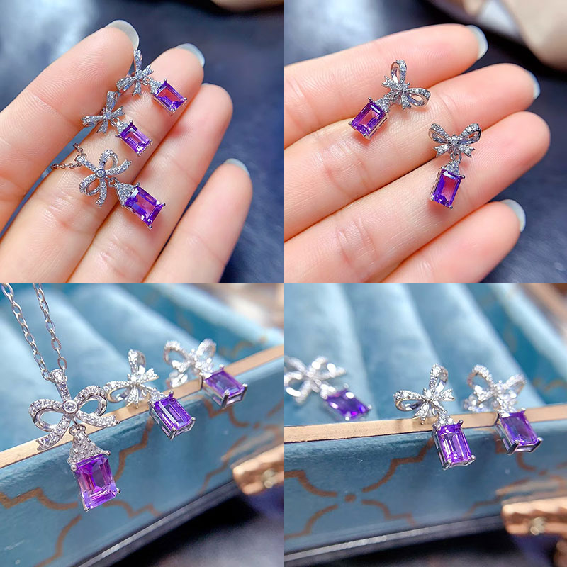 Solid 925 silver amethyst jewelry natural amethyst jewelry set real crystal earrings and pendant with 18K gold plating