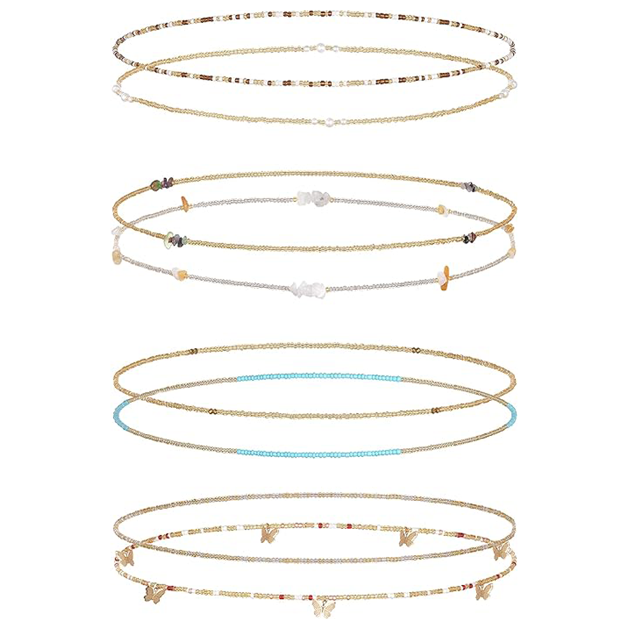 8Pcs 31.5 Inches African Waist Bead Chain Elastic Belly Beads Butterfly Shell Layered Body Chain Gold Tone Jewelry Accessories for Women