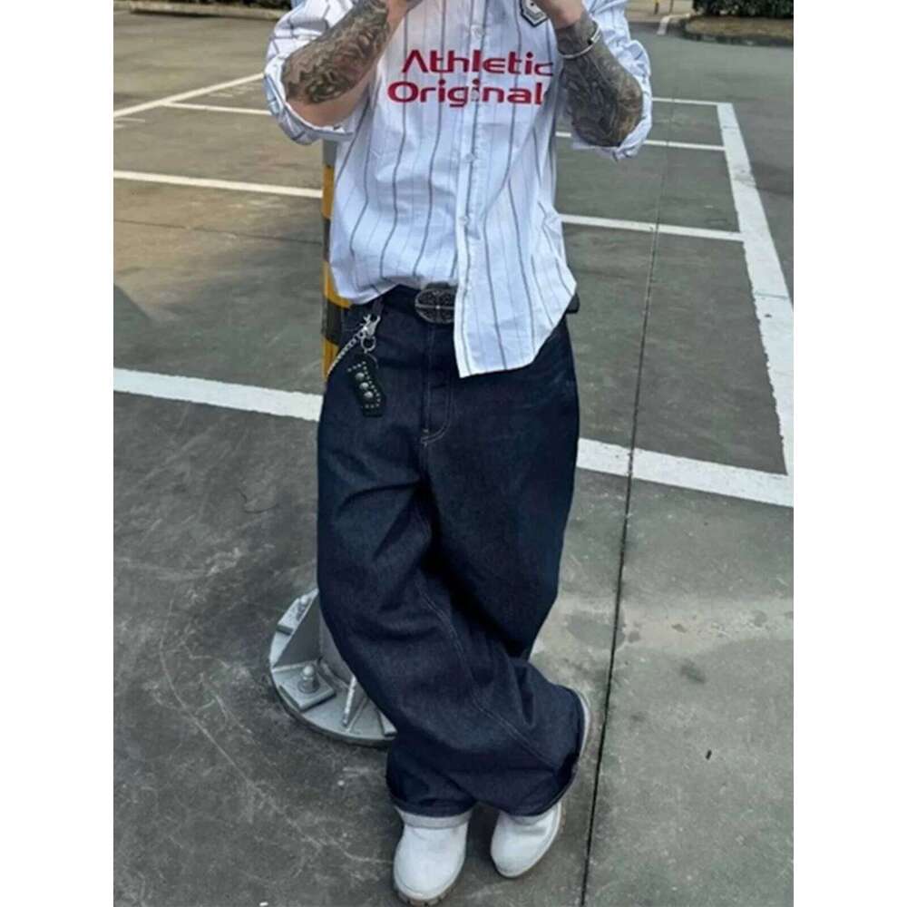 MIJKO Dark Blue Mens Baggy Jeans Cleanfit Loose Casual Denim Trousers Unisex Cargo Pants TJ122