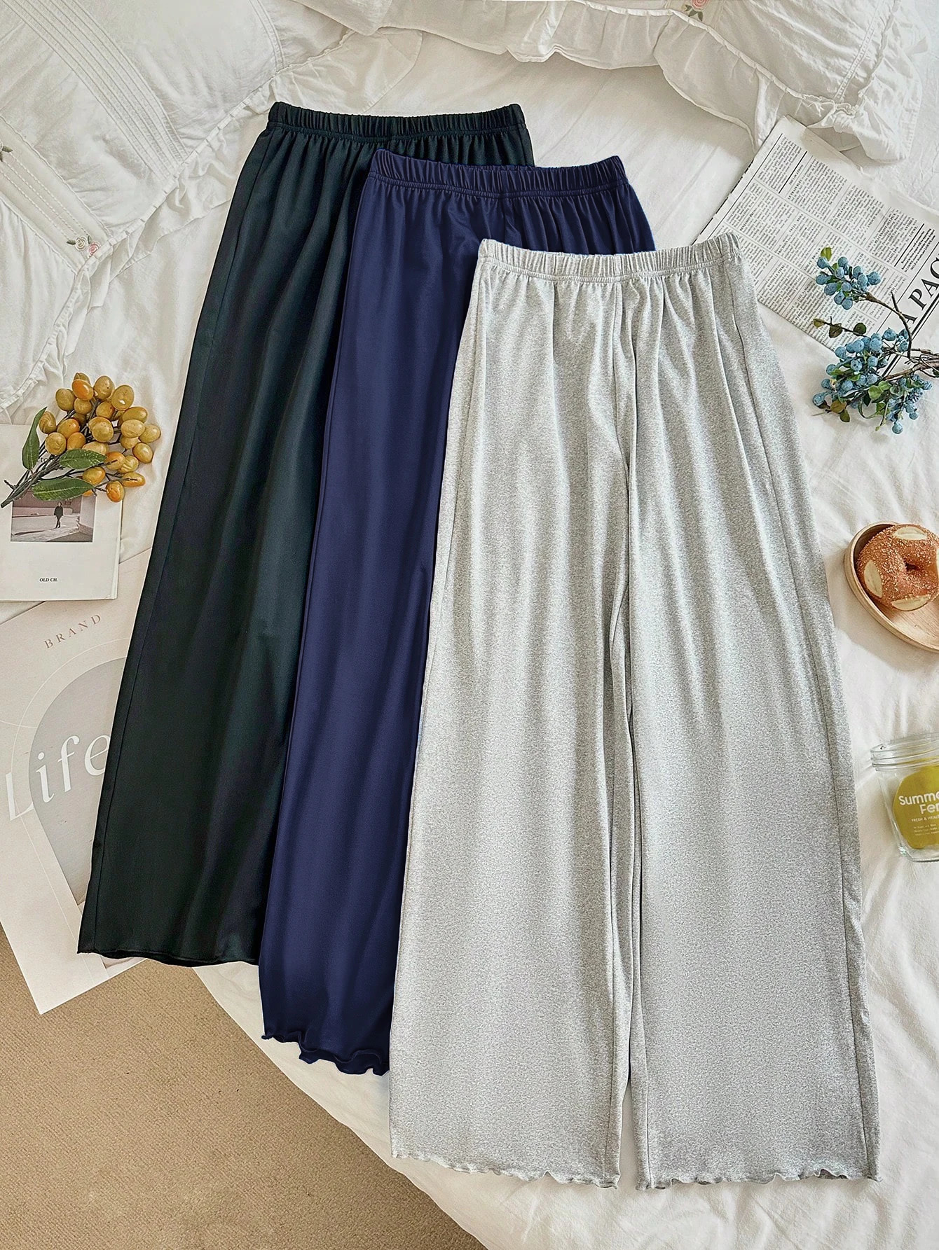 Fashionable and versatile high waisted loose wide leg ruffled hem womens long pants 3piece set 250808