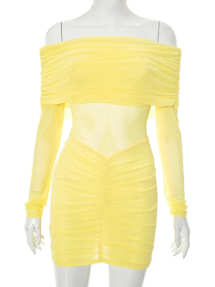 Mozision Mesh Off-shoulder Long Sleeve Sexy Mini Dress Women Robe Fashion Strapless Backless Ruched Bodycon Club Party Dresses 250808