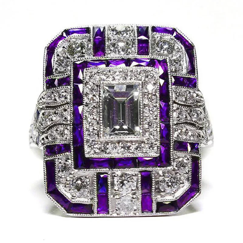 Milangirl 5 Colors Tectangle Geometric Sparkling Zircon Rhinestone Crystal Metal Ring for Women Wedding Party Jewelry 250811