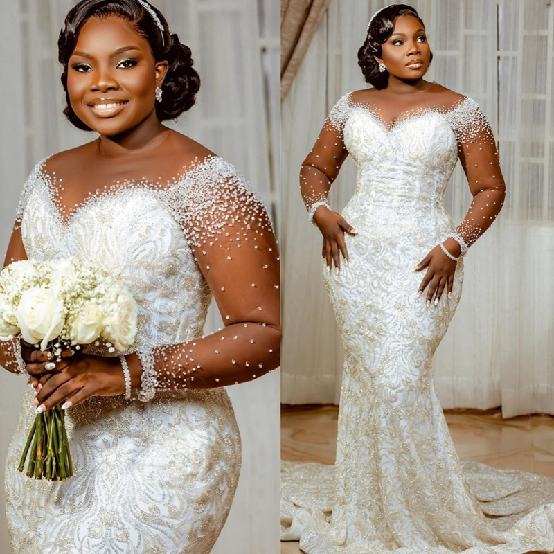 2025 Plus Size African Wedding Dress Bridal Gowns For Bride Sheer Neck Long Sleeves Appliqued Lace Beaded Pearls Illusion Wedding Gowns For Black Wome