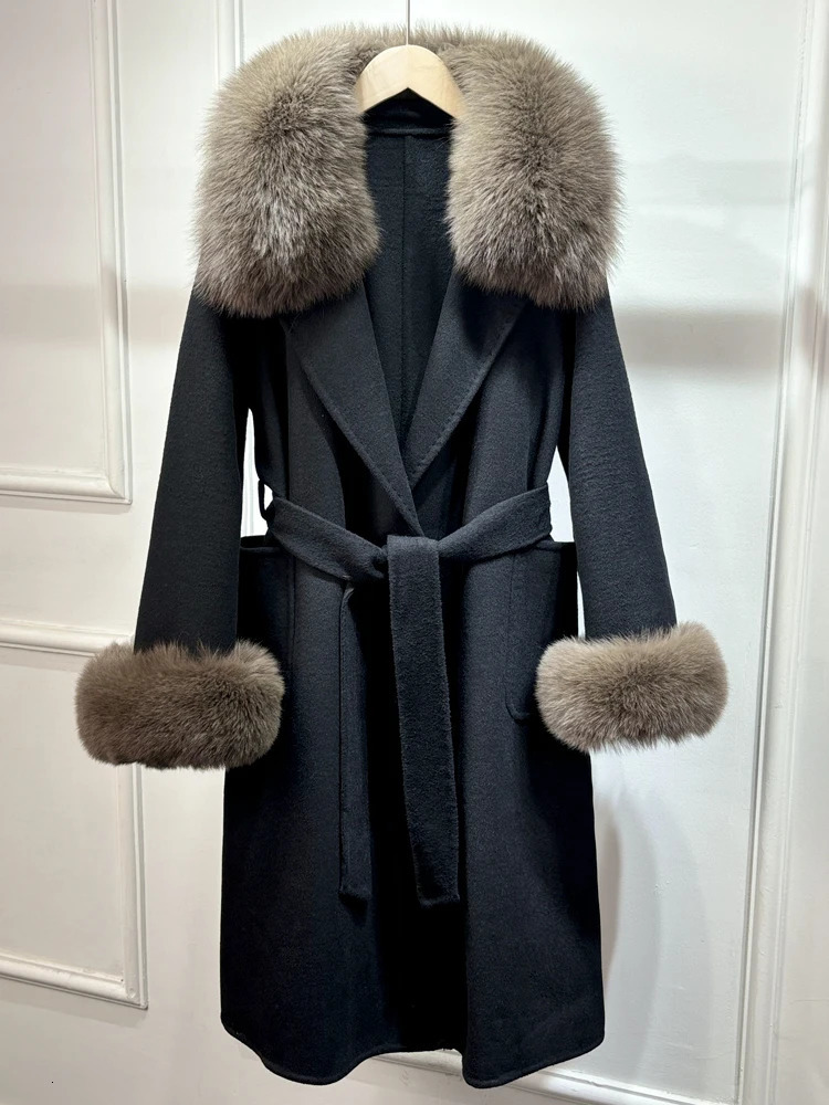 Janveny Fox Fur Coat Autumn Winter Jacket Women Wool Blends Coats Belt Cuffs Warm Fashion Woolen Streetwear 250811