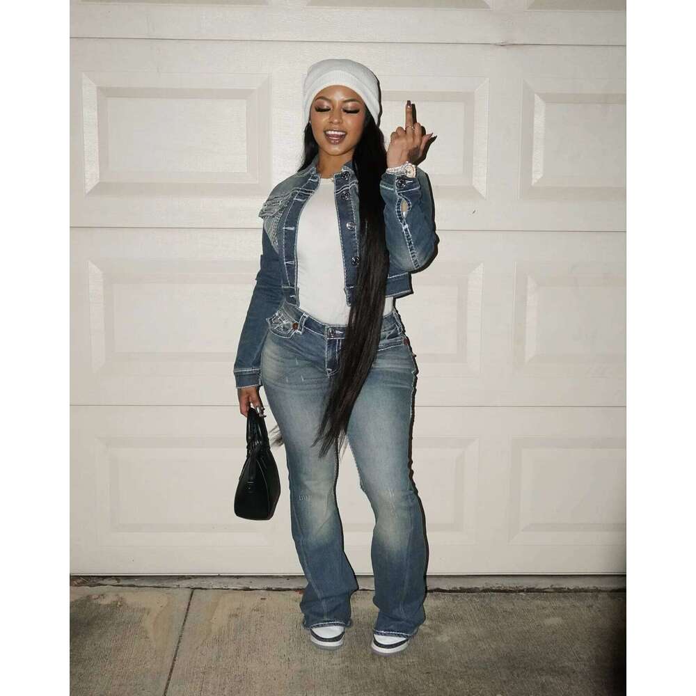 Retro Dark Blue Straight Wide Leg Buddha Embroider Denim Pants Casual High Street Y2k Jeans Haruku Women Clothing