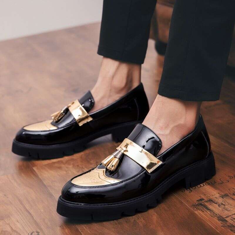 2025 Spring And Autumn Youth Slip-On Loafers Thick-Soled Height-Increasing Black Fashion Men's Casual Leather Shoes