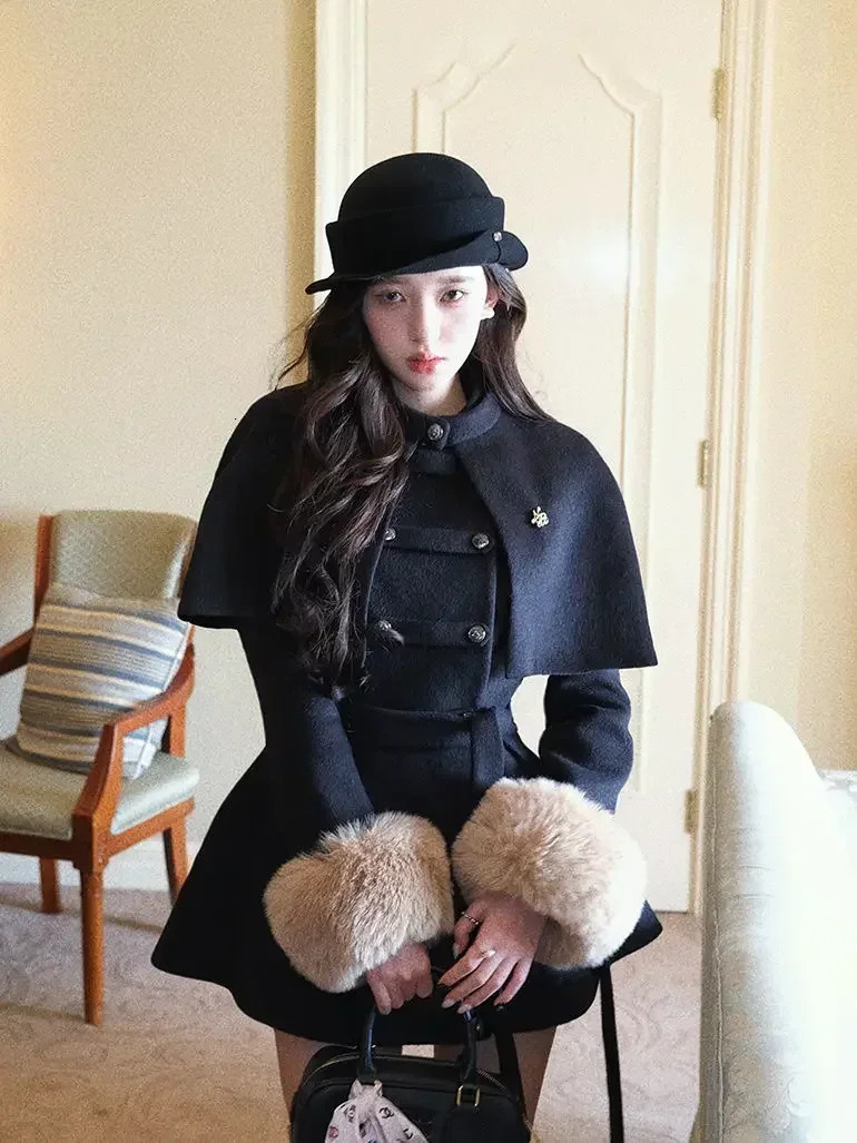 French Socialite Detachable Cloak Fur Sleeves Woolen Coat Women Tops Lace up Waist Slimming Winter Clothes Retro Winte Coat 250811