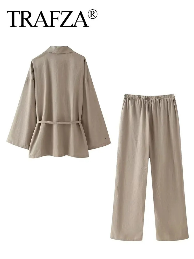 TRAFZA Women Loose Wide Leg Pant Set Fashion Lapel V Neck Long Sleeve Thin Blazer Coat With Belt Summer Ladies Solid Suit 250814